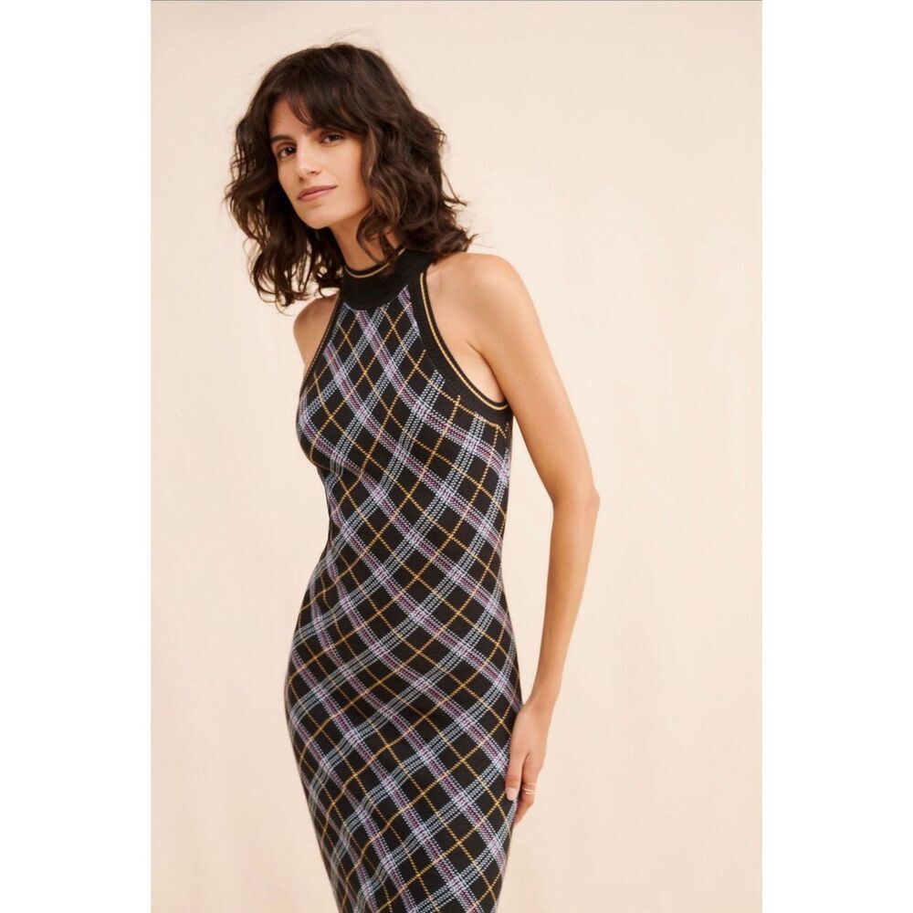 Free People Sz M Saylor Sleeveless Midi Dress Plaid Bodycon Black High Neck - Picture 7 of 13